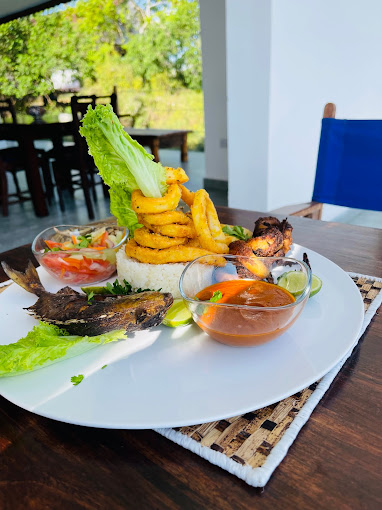Locally sourced food on a plate in Zanzibar restaurant